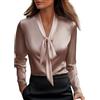 Generic Camicia da donna in raso, elegante, con scollo a V, con fiocco, a maniche lunghe, da lavoro, a maniche lunghe, tinta unita, da lavoro
