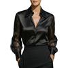 Generic HUIFUAO - Camicia da donna in raso di pizzo, a maniche lunghe, con bottoni, in seta, elegante, per ufficio, lavoro, lavoro, casual, alla moda, elegante, in rete, per feste, serate, uscite, Z01 nero