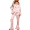 Generisch Pigiama da donna lungo con piume, in raso, biancheria da notte con bottoni, scollo a V, in due pezzi, camicia a maniche lunghe + pantaloni per il tempo libero