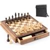 Puecrof Gioco magnetico a scacchi e da donna, in legno di noce, con cassetto, set di giochi da tavolo 2 in 1, grandi figure in legno, scacchiera da viaggio pieghevole, per ragazzi dai 14 anni in su, adulti