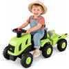 KOMFOTTEU Trattore Cavalcabile per Bambini 1,5-3 Anni (Verde) | Auto Giocattolo con Sedile Confortevole, Rimorchio Rimovibile, Clacson, Cruscotto, Pala e Rastrello, Trattore Giocattolo