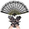 DUINIU Set di Ventagli E Guanti in Pizzo Nero da 2 Pezzi, Accessori per La Cena retrò, Oggetti di Scena per Foto di Nozze, Adatti per attività di Festa.