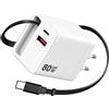 Sekmore Caricabatterie USB C 80W con cavo retrattile, adattatore di alimentazione | Cavo Tipo-C integrato, porte Type-C e USB-A, per iPhone 17/16/15, per Samsung Galaxy, Google Pixel iPad Tablet Portatile