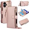 Generic Custodia a portafoglio per iPhone 16 Plus [blocco RFID] [tasca con cerniera] [porta carte] custodia protettiva a libro in pelle PU con corda/polso/anello custodia per telefono uomo donna (oro rosa)
