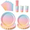 Kacerter 125 Pezzi Stoviglie per Feste, per 25 Ospiti Piatti di Carta con Bordo Ondulato, Bicchieri, Tovaglioli e Cannucce per Compleanno, Baby Shower, Matrimonio e Laurea, Arcobaleno