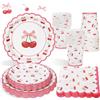 Heboland Set Stoviglie per Feste a Tema Ciliegia per 25 Ospiti, Tovaglioli Piatti e Bicchieri Festa Rosa Fiocco per Decorazioni Primo Compleanno Bimba Baby Shower Feste Tea Party Tema Frutta
