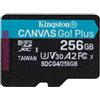 Kingston Technology 256 GB microSDXC Canvas Go Plus Gen4 200R A2 U3 Confezione singola senza ADP