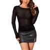 MAYFASEY Maglietta aderente aderente da donna con strass luccicanti, scollo rotondo, a maniche lunghe, increspata