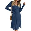 ZESICA - Abito Primaverile da Donna a Maniche Lunghe con Scollo a V, Incrociato, in Maglia a Costine, Plissettato, Svasato e con Cintura.