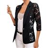Generisch Giacca da donna in pizzo schiacciato, in pizzo, patchwork, maniche a 3/4, trasparente, elegante, blazer corto, leggero, risvolto da lavoro, ufficio