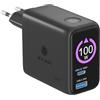 ICY BOX Caricatore GaN USB-C 100W, 2x USB-C + USB-A, Display, IB-PS1002 | Club Charger 1002, caricatore GaN fino a 100 W, 2x USB-C fino a 100 W + USB-A fino a 30 W, Display LCD 1,33, cavo retrattile
