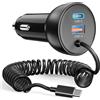 Dripio Caricabatterie da auto USB-C/A da 75W con cavo a spirale da 1,2 metri, dotato di 2 porte
