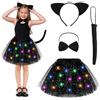 YUYWWAN Costume da Gatto Luminoso Bambina, Set Costume da Gattina Nera Bambina, 5 Pezzi con Gonna LED, Orecchie, Coda, Cravatta e Mantello, per Halloween, Carnevale e Feste a Tema