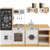 RELAX4LIFE 3 in 1 Cucina Giocattolo per Bambini, Effetti Luci e Suoni, Cucina Giocattolo In Legno con Lavello, Lavatrice, Frigo, Distributore d'Acqua e Lavagna