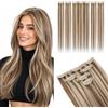Rich Choices Extension Capelli Veri Clip Lisci Remy Human Hair 30cm #6/613R Castano Chiaro Con Mèches Biondo Platino Extension Clip Capelli Veri 5pezzi 7-clip(4 con clip singola e 1 con 3 clip)