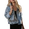 Suncadmious Giacca da Donna in Denim Patchwork Leopardato con Bottoni sul Davanti Giacca Corta Leggera Giacca Ampia Casual Giacca in Denim con Risvolto a Maniche Lunghe Oversize