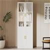 VOWNER Libreria con Ante in Vetro, Vetrina Bianca 180 cm con Ante in Vetro, MDF a 5 Ripiani, Mobile Alto Cucina con Scaffali Regolabili, Credenza per Soggiorno, 60x35x180 cm (Set 1 pezzi)