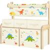 alldomess Libreria Bambini con 5 Cestini e Porta libri in Tessuto, Organizzatore Giochi in Legno per Cameretta, Scaffale 3 Ripiani per Asilo, Aula o Playroom, Dinosauri