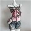 BLUE DIJIAO Canotta da donna slim stile Harajuku americano, estetica Y2K, con patchwork leopardato, fiocco, scollo all'americana e stampa di lettere