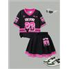 NONE Completo da cheerleader a 2 pezzi per bambine, rosa e nero, con stampa numero 23 NEW YORK, top a maniche corte a righe con scollo a V e gonna a pieghe.