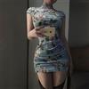 BLUE DIJIAO Mini Cheongsam Vintage con Stampa Floreale Stile Pittura a Olio, Maniche Corte, Collo Alto, Spacco Laterale, Aderente, Base Azzurra con Motivo Floreale, Qipao