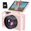 ceye Fotocamere 5K per fotografia, fotocamera digitale rosa con schermo flip da 3 pollici 180° con zoom 18x, scheda SD da 64 GB, fotocamera compatta da viaggio per YouTube con anti-shake, fotocamera per