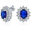 Bling Jewelry Orecchini a bottone in stile vintage classico con corona, 1.5 CT AAA CZ Halo ovale blu navy in zirconia cubica per donne, simulato zaffiro, ottone placcato argento.