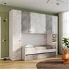 DEGHI Letto singolo 80x190 cm bianco spatolato e cemento con armadio a ponte 294 cm e rete estraibile - Jennifer