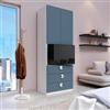 DEGHI Armadio battente 92x240h cm 2 ante e 3 cassetti con soft close e modulo per tv bianco e blu - Jennifer