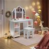 WOLTU Tavolo da Toeletta per Bambini con Sgabello, Toeletta Trucco | Specchio Triplo Rimovibile, con 4 Scomparti Aperti, Ripiani Regolabili, Bianco, in MDF