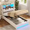 AOGLLATI Letto Singolo con Contenitore 90x200 cm con Sollevamento Idraulico | Struttura Letto Singolo con Illuminazione a LED e Stazione di Ricarica, Letto Imbottito con Tasche Laterali Lino Beige