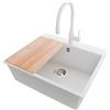 PRIMAGRAN Lavandino da Cucina al Mobile 60cm + Rubinetto, 58x50cm | Set: Rubinetto BW6020 + Kit di scarico + Tagliere + Lavello in Granito a 1 Vasca - Riga, Bianco