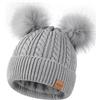 FISFET Berretto da donna con doppio pom, berretto da donna con pompon per il freddo caldo lavorato a maglia foderato in pile, cappelli invernali da donna per uso quotidiano, Grigio chiaro, Taglia