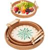 Gsycle Set di 3 vassoi rotondi in rattan, piatti decorativi in vimini intrecciato, cestini da portata in rattan con manici per soggiorno. (Tipo 2)