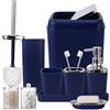 XLHOMO Set di accessori da bagno in plastica da 9 pezzi, con pattumiera, portaspazzolino, bicchiere per spazzolino, dispenser di sapone, portasapone, porta scopino per WC, 2 dispenser Q-Tip e vassoio