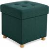 Relaxdays Pouf imbottito con vano portaoggetti, effetto lino, petrolio | HxLxP: 38x38x38cm, gambe in legno, squadrato