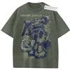 Bandai T-shirt vintage lavata Gundam Zaku II verde militare con grafica anime, vestibilità ampia, streetwear, per tutti i giorni, campus, casual, uscite.
