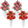 SIFOEL Fiori artificiali per cimitero, set di 4 fiori artificiali di dalia per tomba con vaso per la decorazione del cimitero, rosso