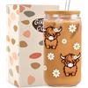 Bukecagif Highland Cow Bicchiere con Coperchio&Cannuccia,Highland Cow | Bicchiere di vetro Highland Cow con coperchio e cannuccia, 16 oz resistente al calore, per matcha, caffè freddo, frullati