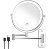 JANEEVA Specchio da trucco illuminato da parete da 20,3 cm, ricaricabile su entrambi i lati, specchio ingranditore 1X/10X con 3 luci colorate, specchio da bagno dimmerabile touch con braccio
