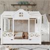 Yabunzel Letto a castello 90 x 200/140 x 200 cm con scala, 4 scomparti e | Letto casetta in pino, MDF e compensato con tetto, finestre, 2 cassetti e scala portaoggetti, bianco