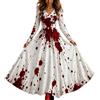 Generic Abito Casual da Donna a Maniche Lunghe con Scollo a V e Stampa di Halloween | Vestito Lungo Verde Smeraldo Outlet Spacco Piume Zucchero Doppiopetto Satinato Natale Strascico 1 Coreana Economico