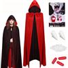 Winwild Set Costume da Vampiro per Halloween, Mantello con Cappuccio, Denti da Vampiro e Sangue Finto, Mantello da Vampire Nero e Rosso, Costume da Vampire da Donna, mantelloi da vampirn da Bambino