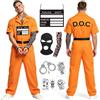 GTJEOI Costume Carcerato Uomo Donna, Tuta Carcerato Arancione a Maniche Corte con Doc sulla Schiena, Manette, Passamontagna, Manica Tatuata e Tatuaggi per Carnevale Halloween