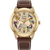 Citizen Eco-Drive Disney Mickey Mouse & Friends, orologio da uomo in acciaio inox color oro, cinturino in pelle marrone, 3 lancette, (modello: AW0093-044), Marrone, classico