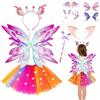 Dongcill Costume da Fata Luminosa per Bambine, Costume da Fata con Ali a Led | Gonna In Tulle, Orecchie da Elfo, Corona Di Fiori, Bacchetta Magica, 2 Tatuaggi Temporanei, per Carnevale, Halloween