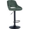 CLP Sgabello da bar Milet regolabile in altezza con schienale, imbottito in velluto, sedia da bancone girevole con struttura in metallo | Colore verde Colore del telaio nero