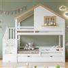 Yabunzel Letto a castello 90 x 200 cm con scala, vano portaoggetti, tetto e finestra | Letto casetta in pino e MDF con 2 cassetti, scala portaoggetti e griglia di protezione anticaduta, salvaspazio per la camera