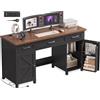 FirFurd Scrivania Ufficio con Presa di Corrente, 150x48x80 cm, Nero | Scrivania con Cassetti, Scrivanie a 2 Prese AC e 2 Porte USB, Postazione Gaming a Mensola per Porta, Tavolo da Trucco