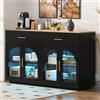Azkoeesy Credenza 147x40x86 cm con 4 Ante in Vetro ad Arco e 2 Cassetti, Nero | Luci LED, Ripiani Regolabili, Piano Effetto Legno, Soggiorno e Sala da Pranzo, Mobile Multifunzione